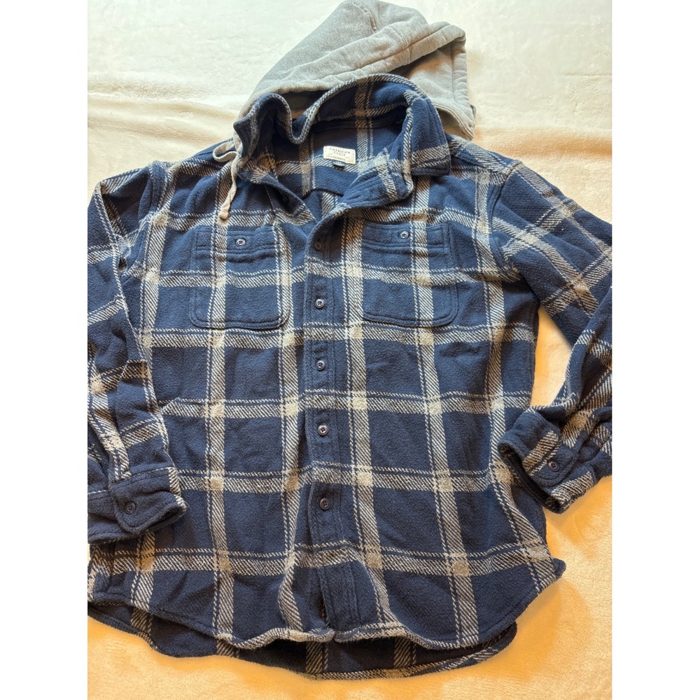 American Eagle Mens Blue Plaid Flannel Shirt Removable Hood Large 100% Cotton